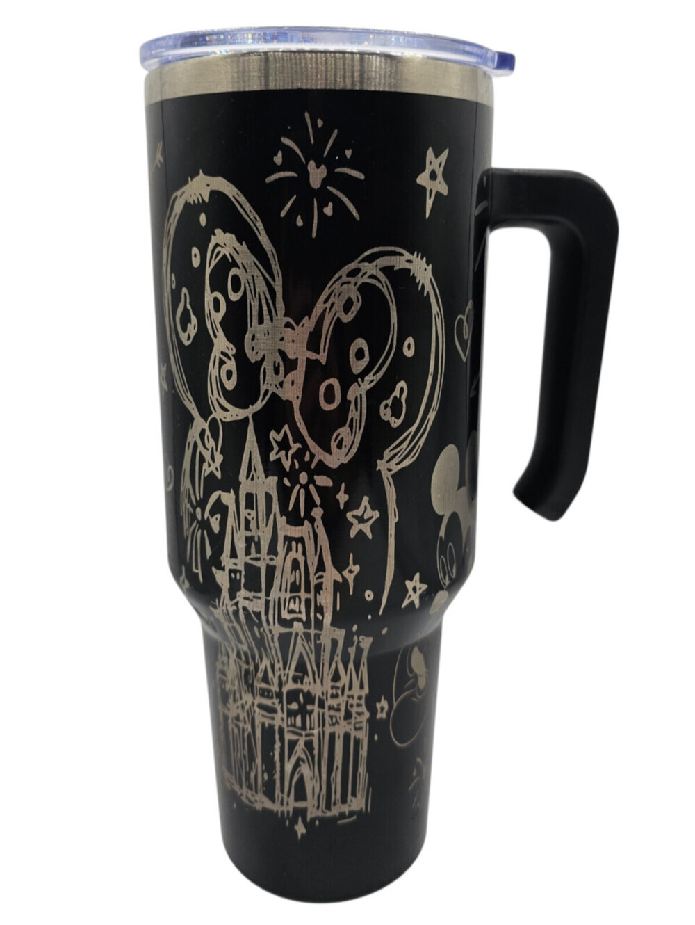 40-ounce insulated travel mug Laser-engraved Mickey Mouse and Cinderella Castle - Picture 1 of 6